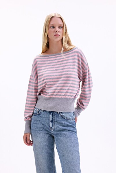 DeFacto Ultra Soft Regular Fit Boat Neck Striped Knitwear Crop Sweater I1628A...