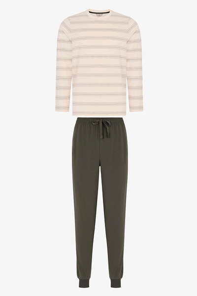 Penti Men's Moss Striped Long Sleeve Jogger Pajama Set