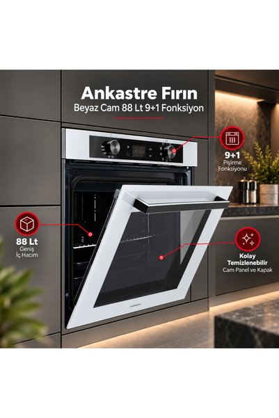 Luxell Ankastre Fırın Beyaz Cam 88 LT 9+1 Fonksiyon Dijital – A68-SGF3