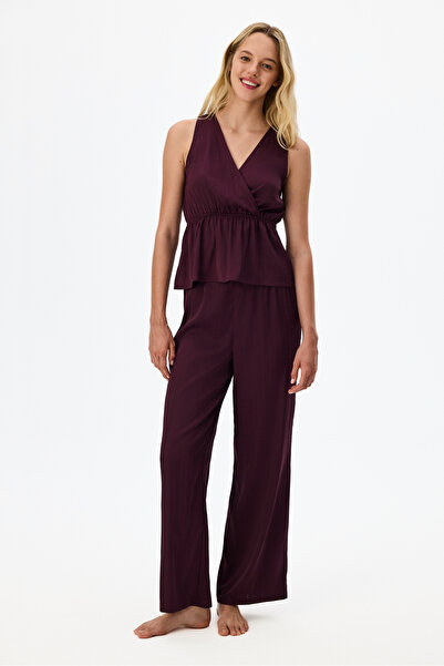 Penti Bordo Aurora Dark Saten Çiçekli Atlet Pijama Üstü