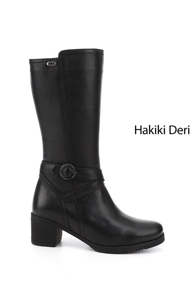 GÖNDERİ(R) Kadın Siyah Floter Fermuarlı Kalın Topuklu Hakiki Deri Çizme