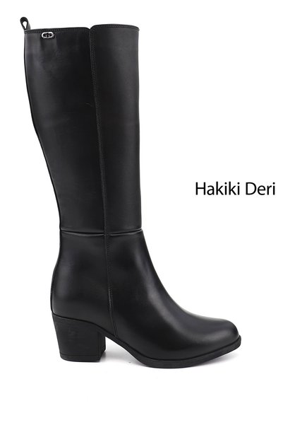 GÖNDERİ(R) Kadın Siyah Fermuarlı Kalın Topuklu Hakiki Deri Çizme