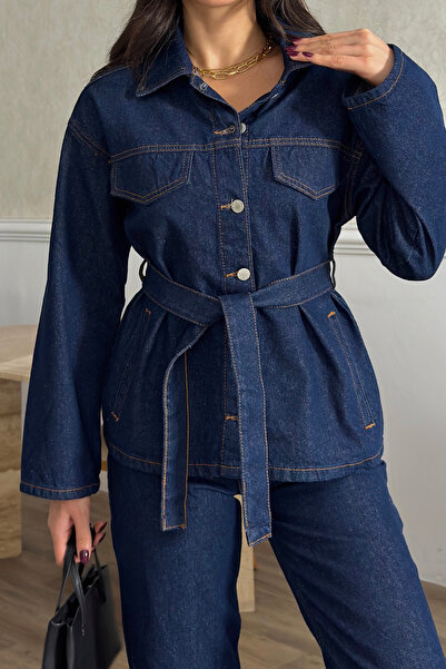 MODA DURAĞI Koyu Lacivert Bağlamalı Denim Takım Oversize Ceket ve Yüksek Bel ...