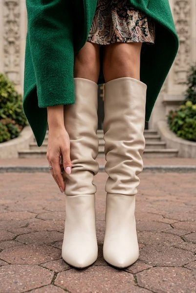 DİVOLYA Rumba Beige Leather Bellows (7 cm Heel) Pull-On Casual Women's Boots