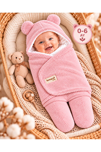 Tomuycuk 0-6 Ay Pembe İçi Elyaflı Kulaklı Kız Bebek Kundağı Peluş Welsoft Kum...