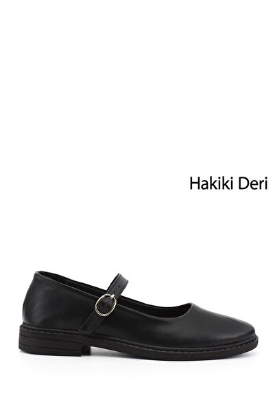 GÖNDERİ(R) Kadın Siyah Kısa Kalın Topuklu Mary Jane Hakiki Deri Babet