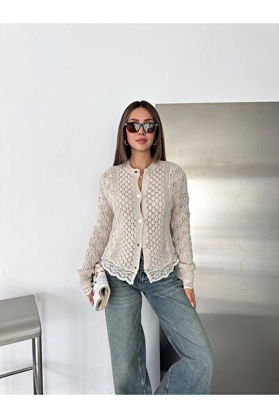 asur boutique Asur Butik Γυναικεία Δαντελένια Ζακέτα με Ανοιχτό Μπεζ Χρώμα, μ...