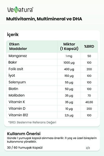 VeNatura Multivitamin, Multimineral ve DHA 30 Kapsül