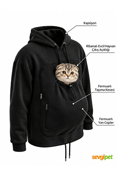 sevgipet Pati Kucağı Kanguru Sweatshirt – Fermuarlı Taşıma Keseli Kedi ve Küç...
