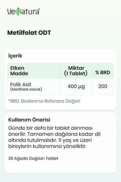 VeNatura Metilfolat ODT 400mcg 30 Tablet (Ağızda Dağılabilen Tablet)