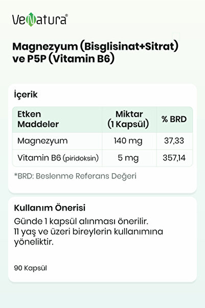 VeNatura Magnezyum Bisglisinat + Sitrat Ve P-5-P Vitamin B6 Kapsül 60 lı