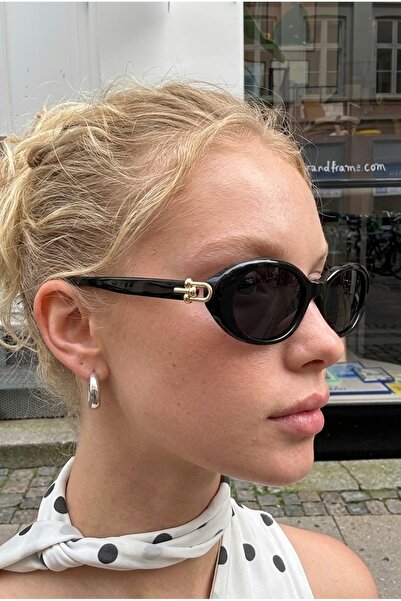 Chunky Frame Monaco Vintage Siyah Gold Detaylı Oval Ultra Hafif Uv400 Filtrel...