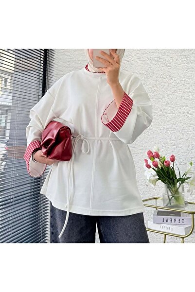 EFRAH Çizgili Manşet Detaylı Oversize Sweatshirt Tunik