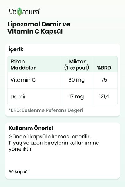 VeNatura Lipozomal Demir ve Vitamin C 60 Kapsül