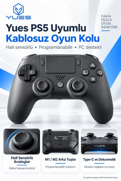 YUES PS5 Uyumlu Dualsense Kablosuz Oyun Kolu Hall Sensörlü Programlanabilir M...