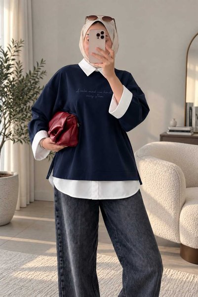 EFRAH Polo Yaka Yazılı Sweatshirt