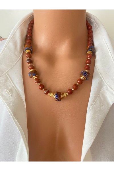 TARZ-I TAKI Natural Stone Red Brown Jasper Stone Nepal Bead Detail Design Necklace