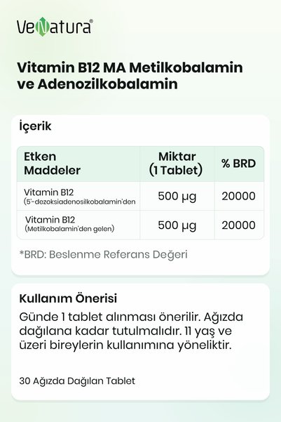 VeNatura Vitamin B12 Ma Methylcobalamin and Adenozylcobalamin 30 Oral Tablets