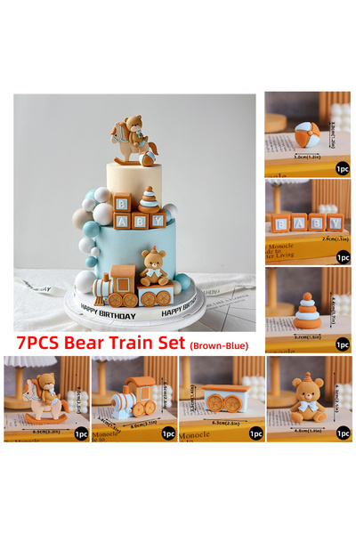Choice26 7 قطع من زينة الكيك بتصميم القطار الأزرق، زينة على شكل دب، عربة، بال...