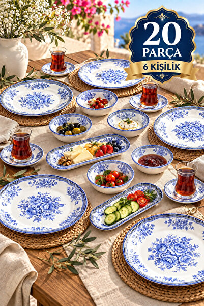 ers erbaşlar Antik Mavi 20 Parça 6 Kişilik Kahvaltı Takımı, Lüx Kahvaltı Seti
