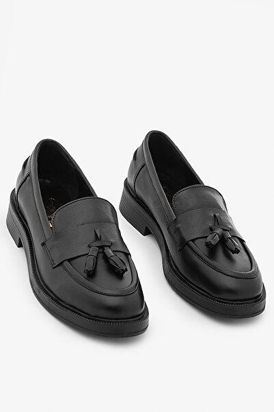 SAYL Μαύρα γυναικεία παπούτσια loafer από γνήσιο δέρμα με φούντες