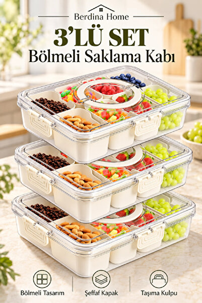 Berdina Home 3lü Kilit Kapaklı 8 Bölmeli Taşınabilir Saklama Kabı Kahvaltılık...