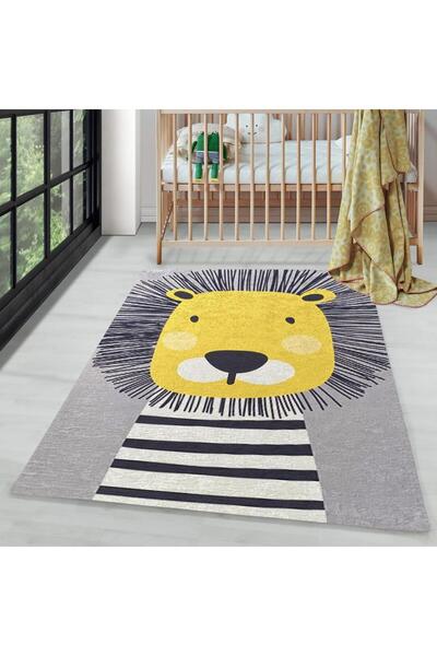 Carpettex Çocuk Bebek Halısı Sevimli Aslan desenli Gri Halı Yıkanabilir Kaymaz Taban