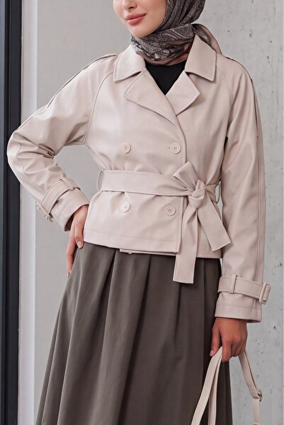 Modamorfo Women's Belted Faux Leather Jacket 1046 - Ecru