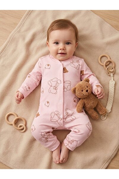 minço bebe Kız Bebek Ayıcık Desenli Pamuklu Patiksiz Pembe Bebek Tulumu Yenid...