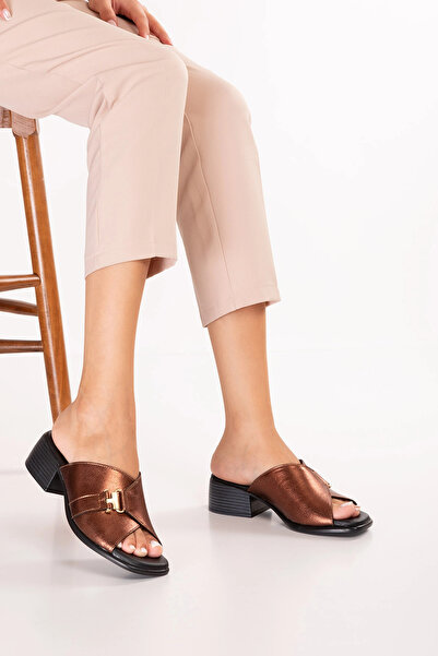 Gondol Women's Genuine Leather Heeled House Slippers Msa.1816 Copper