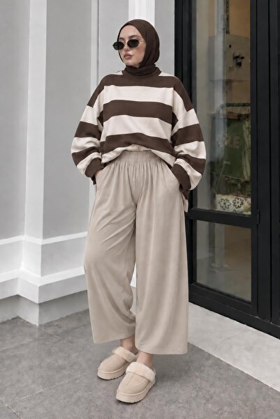 AFVENTE Bella Women's Plus Size High Waist Wide Leg Modal Pants Beige
