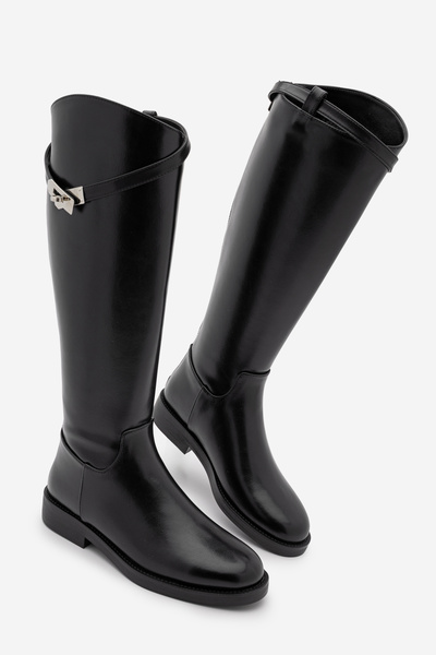 Marjin Women's Back Zippered Gold Buckle Casual Boots Mosna Black