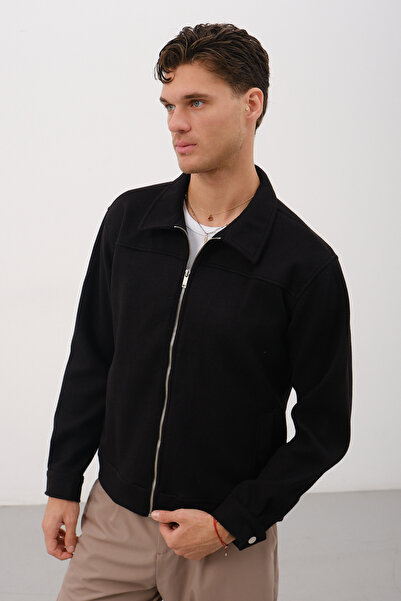 No Way Men's Shirt Collar Button Sleeves Stripe Detailed Cashmere Coat