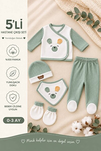 5’li Yenidoğan Hastane Çıkışı Seti 0-3 Ay | Unisex Bebek Zıbın Takımı | Üst Alt Şapka Önlük Eldiven | %100 Pamuklu Yumuşak Dokulu Bebek Seti