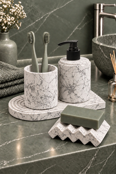 betonmall 4 Parça Mermer Desenli Beton Banyo Seti Katı Ve Sıvı Sabunluk Diş F...