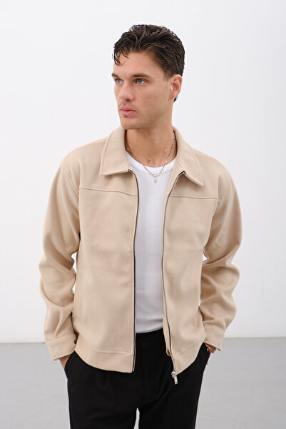 No Way Men's Shirt Collar Button Sleeves Stripe Detailed Cashmere Coat