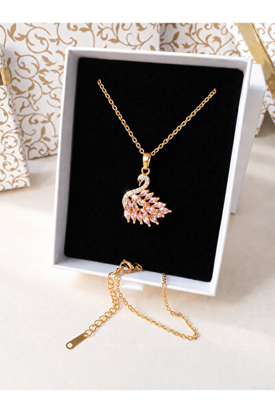 emirOmade Pembe Taşlı Kuğu Kolye Gold Rengi 14 Ayar Altın Kaplama 2,1x2,4cm P...