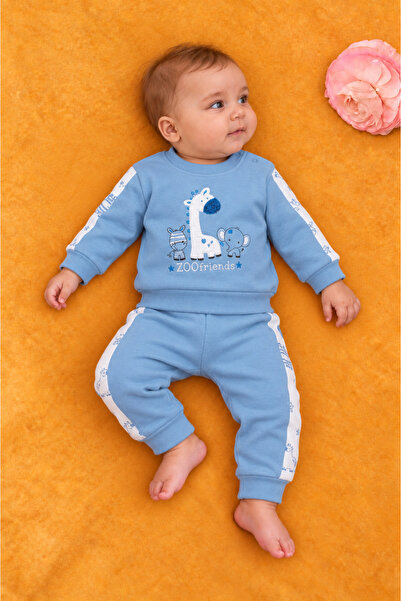 Rocha Baby Rocha Baby Zoo Friends Embroidered 2-Piece Set - Striped Detail Cotton Piece Sweatshirt and Bottom Set