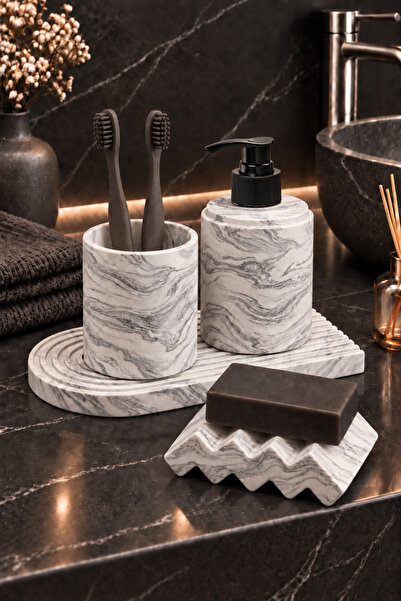 betonmall 4 Parça Mermer Desenli Beton Banyo Seti Katı Ve Sıvı Sabunluk Diş F...