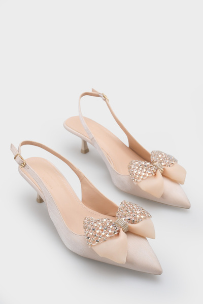 Capone Outfitters Nikolia Stoned Bowknot Pointed Toe Satin Mid-Heel Women's S...