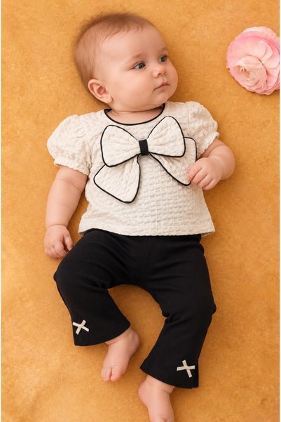 Rocha Baby Baby Girl Gofre Fabric Top and Bottom Set with Large Bow Detail