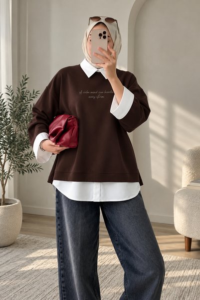 EFRAH Polo Yaka Yazılı Sweatshirt