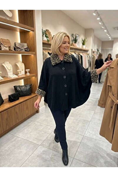 tülaybutik kadın büyük beden kışlık leopar kürk detaylı düğmeli panço