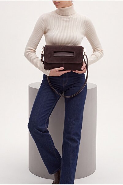 Marjin Kadın Clutch & Portföy Çarpaz Askılı El ve Omuz Çantası Sonira Kahve Süet