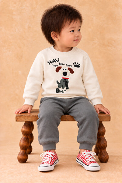 Rocha Baby Rocha Baby Boy Ecru Cinnamon Dog Figured 2-Piece Set - Cotton Set with'Hav Hav' Embroidery