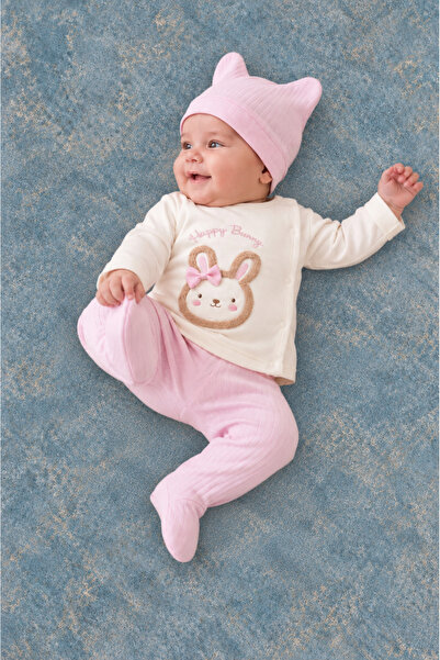 Rocha Baby Rocha Baby Happy Bunny Embroidered 3-Piece Set - Pants with Booties and Hat with Ears Set
