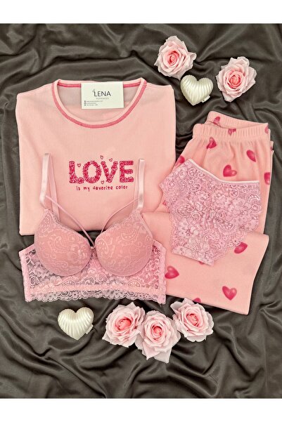 Lena Homewears Pink Love Heart Patterned 4-Piece Bralette Crew Neck Long Slee...