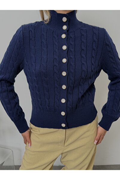 LEA Women's Navy Blue High Neck Hair Knit Pearl Buttoned Knitwear Cardigan