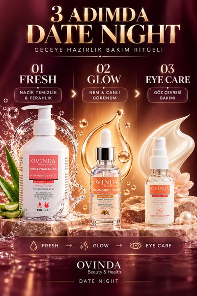 Ovinda Date Night 3-Piece Care Set – Intim Gel + Revitalizing Face Serum + Eye Contour Care Cream, Night Skin Care Set