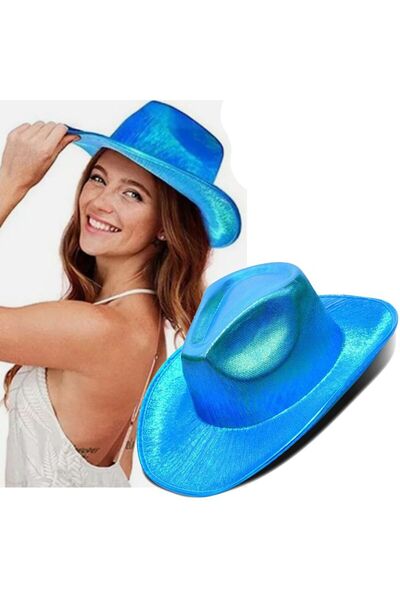 partidolu Holographic Hologram Baskılı Kovboy Şapkası Mavi Renk Retro
